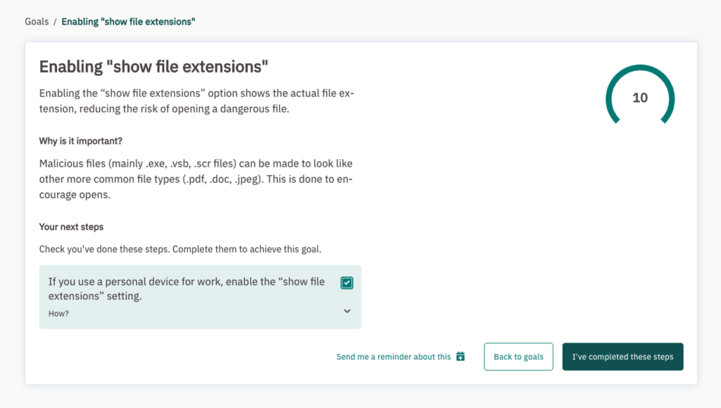 Example of goal and next steps on CybSafe