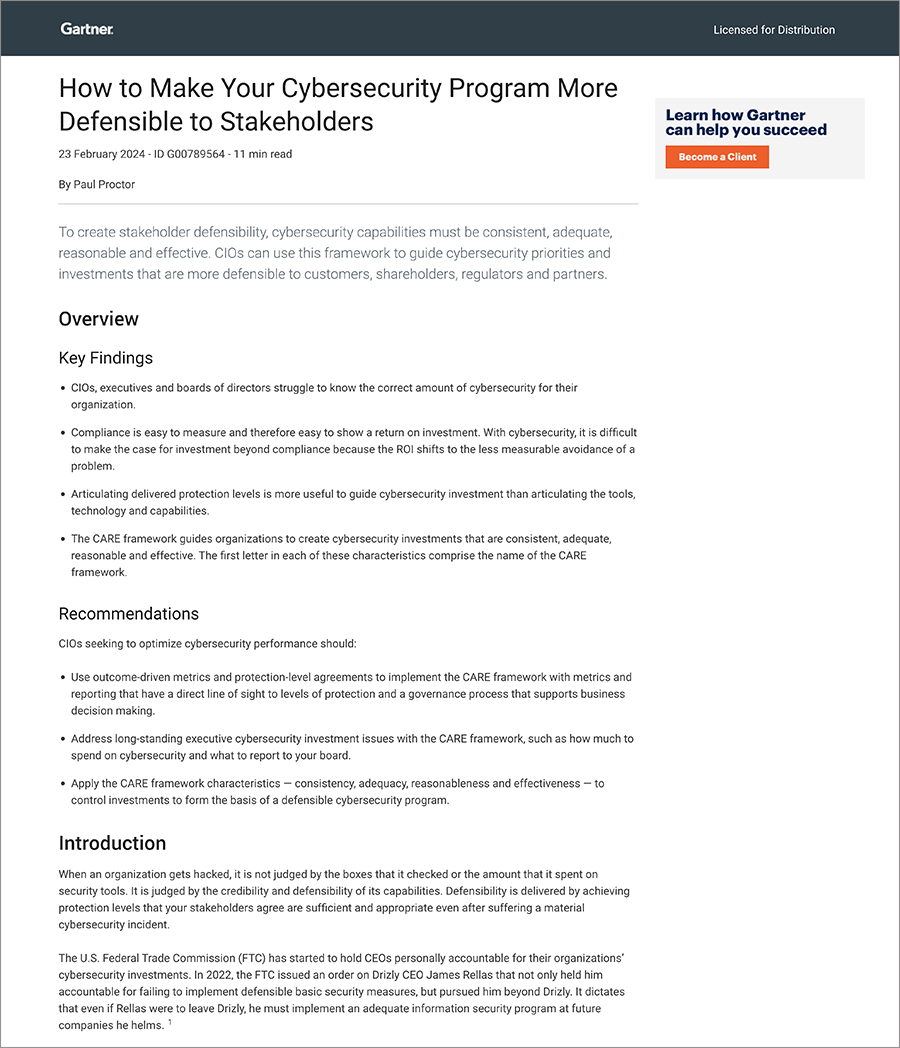 Gartner report - how to make your cybersecurity program more defensible to Stakeholders